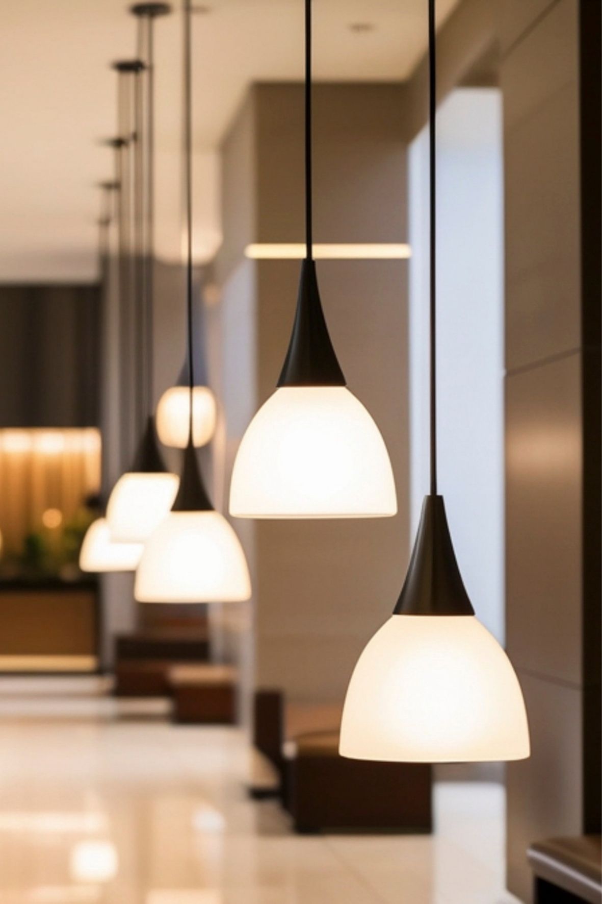 Rangée de suspensions lumineuses dans un intérieur contemporain avec ambiance chaleureuse à Boischatel